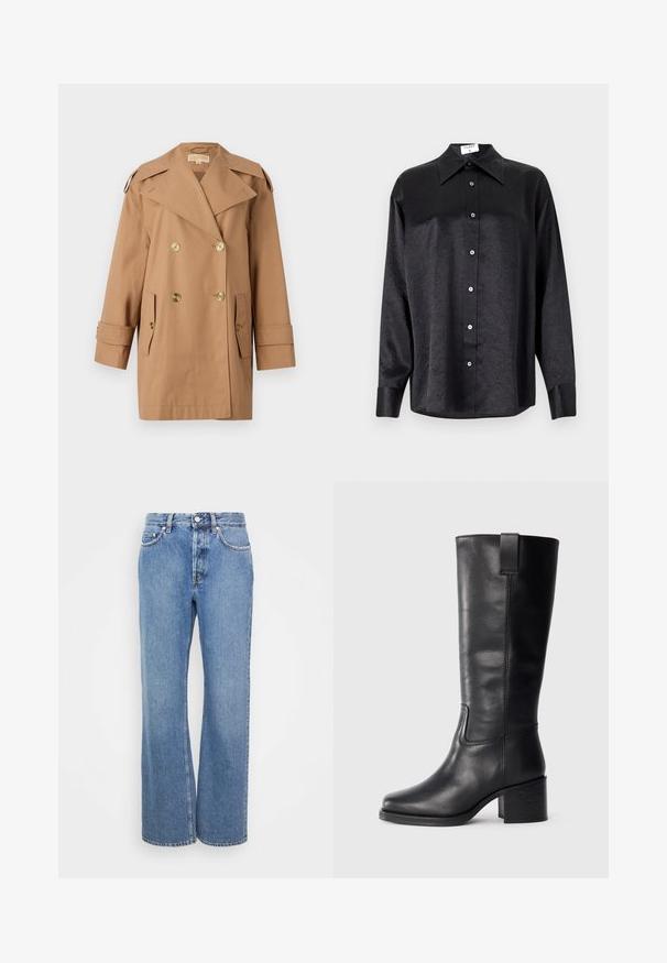 Pruun topeltkliendiga vihmamantel, mis on valmistatud puuvillast. Omab suuri kuldseid nööpe, laiu krae ja kahte esikotti. Keskmise pikkusega varrukad.; Musta pikemate varrukatega särk, millel on krae ja kortsus tekstuur, täispikk nööpidega eesmine osa ja varrukate mansetid. Valmistatud siledast kangast.; Heledad kõrge vöökohaga teksad, kerge pesuga, sirge ja laia säärega. Omavad klassikalist denimist õmblust ja viit taskut. Sile tekstuur.; Musthave mustad nahktoodete bikiinibootid, millel on sile pind, ruudukujuline varvas, plokk-kand ja külgmine tõmbeaas, minimaalse õmblusega detailid.