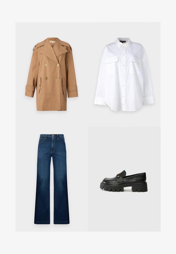 Bruine dubbele trenchcoat gemaakt van katoen. Voorzien van grote gouden knopen, brede revers en twee voorzakken. Middellange mouwen.; Witte button-up shirt van katoen, met een klassieke kraag, twee borstzakken en lange mouwen met manchetten. Glad textuur.; Wijdvallende donkerblauwe jeans van denim, met een hoge taille, voorzakken en contrasterende oranje stiksels.; Zwarte leren instappers met een chunky zool, met een goudkleurige accent aan de voorkant en een gladde afwerking. Chunky profielontwerp op de zool.