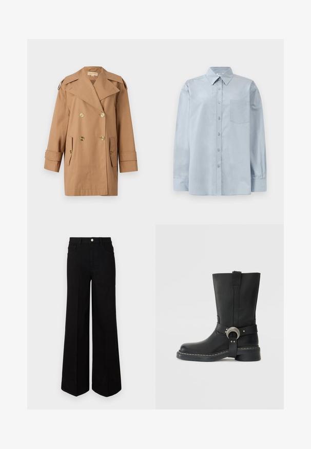 Hnědý dvouřadý trenčkot vyrobený z bavlny. Obsahuje velké zlaté knoflíky, široké klopy a dvě přední kapsy. Rukávy jsou střední délky.; Světle modrá košile s dlouhým rukávem, zapínáním na knoflíky, s špičatým límečkem a náprsní kapsou, položena na bílé pozadí.; Černé široké džíny vyrobené z pevné látky, s vysokým pasem, předními kapsami a zapínáním na knoflík. Rovný lem na spodním okraji.; Černé kožené boty po lýtka se širokým páskem, který má kruhový stříbrný kovový prvek a bílé prošívání podél podrážky.
