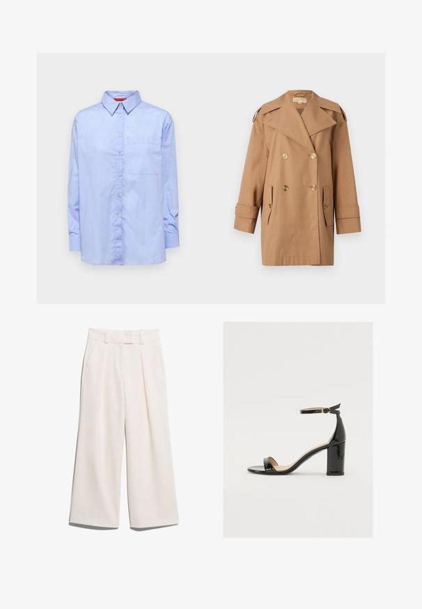 Brązowy dwurzędowy płaszcz trencherowy wykonany z bawełny. Zawiera duże złote guziki, szerokie klapy i dwie przednie kieszenie. Rękawy o średniej długości.; Jasnoniebieska koszula z długim rękawem, z kołnierzykiem zapinanym na guziki, przednią kieszenią i gładką teksturą materiału. Posiada guziki z przodu.; Spodnie o szerokich nogawkach w jasnym kolorze kremowym, wykonane z gładkiego materiału, z dwiema przednimi kieszeniami i widocznym szwem na pasku.; Czarne sandały z lakierowanej skóry na szerokim obcasie, z otwartym czubkiem i paskiem na kostce z złotą klamrą. Gładka faktura i elegancki design.