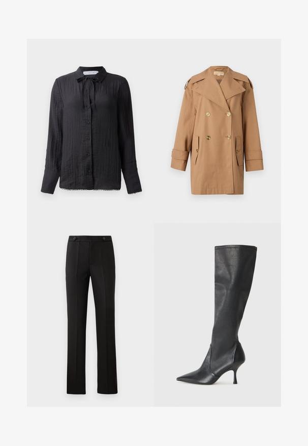 Brown double-breasted trench coat made of cotton. Features large gold buttons, wide lapels, and two front pockets. Mid-length sleeves.; Black button-up blouse with a tie-neck detail, textured fabric, long sleeves, and lace trim at the hem. Buttons are black and glossy.; Black tailored trousers with a straight leg, two front pockets, a button closure, and pleat detailing on the front. Smooth fabric texture.; Knee-high black leather boots with a pointed toe and a slim stiletto heel. Smooth texture with a fitted design and stitching at the top edge.
