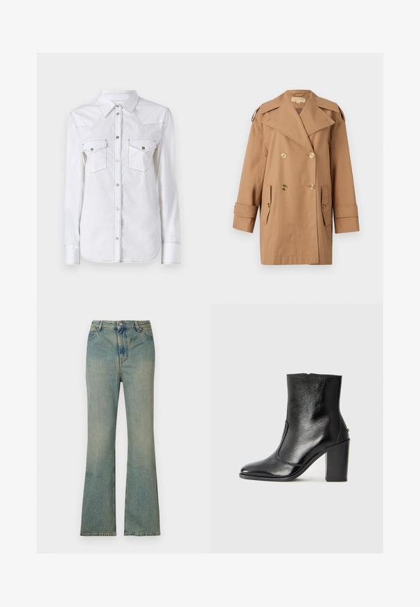 Smeđi dvostruko kopčani trench kaput od pamuka. Ima velike zlatne dugmadi, široke reveri i dva prednja džepa. Rukavi su srednje dužine.; Bijela košulja dugih rukava s oštrim ovratnikom, dva džepa na prsima, kontrastnim šavovima i zaobljenim rubom. Sadrži metalne gumbe.; Svijetloplave traperflare traperice s visokim strukom, pet džepova i zatvaračem. Čista, izblijedjela završna obrada s suptilnim detaljima šivanja.; Crna kožna čizma do gležnjeva s glatkom teksturom, špicastim vrhom i debelim visokim potpeticama. Ima bočni otvor i minimalistički dizajn.