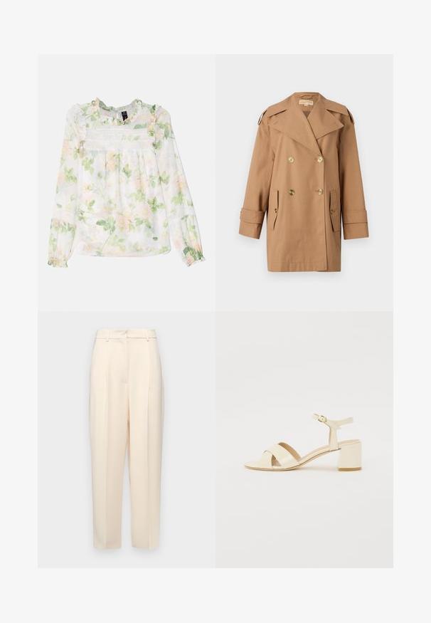 Brauner doppelter Trenchcoat aus Baumwolle. Mit großen goldenen Knöpfen, breiten Revers und zwei Fronttaschen. Mittellange Ärmel.; Needle & Thread IMMORTAL ROSE POPPY - Bluse - moonshine; Beige maßgeschneiderte Hose mit geradem Schnitt, mit Falten an der Vorderseite, einer glatten Textur und einer mittelhohen Taille. Keine sichtbaren Taschen.; Beige lackleder Absatzsandalen mit Kreuzriemen-Design, offener Zehenbereich, verstellbare Knöchellasche und Blockabsatz. Glatte Textur.