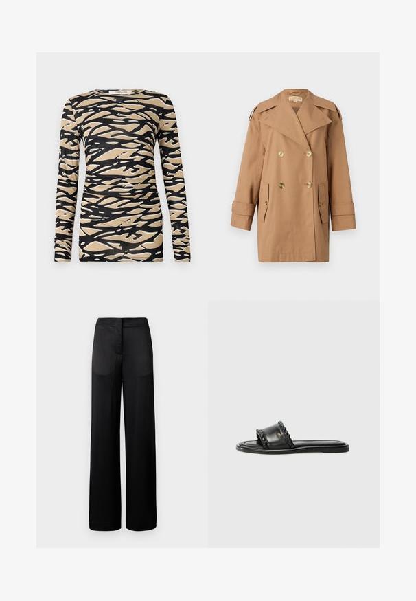 Brown double-breasted trench coat made of cotton. Features large gold buttons, wide lapels, and two front pockets. Mid-length sleeves.; Long-sleeve top featuring a black and beige abstract wave pattern on a smooth, stretchy fabric. Fitted design with round neckline and slim sleeves.; Wide-leg black trousers with a textured surface, featuring a flat waistband and two side pockets. The fabric appears lightweight and flowing.; Black leather sandal with a woven strap detail, flat sole, and a sleek design. Smooth texture and minimalistic profile.