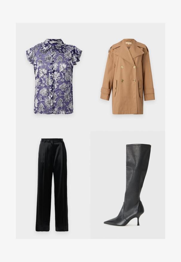 Brauner doppelter Trenchcoat aus Baumwolle. Mit großen goldenen Knöpfen, breiten Revers und zwei Fronttaschen. Mittellange Ärmel.; Lila Kurzarmbluse mit floralem Muster in Schwarz und Weiß, mit einer Knopfleiste und einem Kragen. Seidige Textur.; Schwarze, hochtaillierte Satinhosen mit geraden, weiten Beinen, Gürtelschlaufen und einem flachen Frontverschluss vor einem schlichten weißen Hintergrund.; Knöchelhoche schwarze Lederstiefel mit einer spitzen Zehe und einem schlanken Stiletto-Blockabsatz. Glatte Textur mit einer enganliegenden Passform und Nähten am oberen Rand.