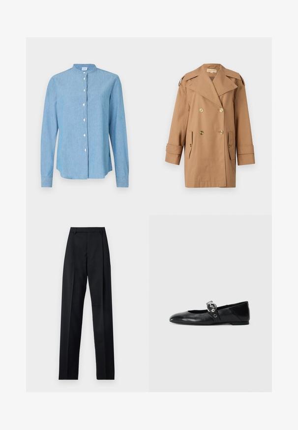 Hnědý dvouřadý trenčkot vyrobený z bavlny. Obsahuje velké zlaté knoflíky, široké klopy a dvě přední kapsy. Rukávy jsou střední délky.; Světle modrá košile na knoflíky vyrobená z denimu. Má kulatý límec, dlouhé rukávy a perleťové knoflíky vpředu.; Černé kalhoty vyrobené z hladké tkaniny, vybavené vysokým pasem, širokými nohavicemi, předními záhyby a klasickými poutky na opasek. Nejsou viditelné boční kapsy.; Černé kožené baletní střevíce s špičatou špičkou, vybavené páskem s kruhovou kovovou přezkou a plochou podrážkou.