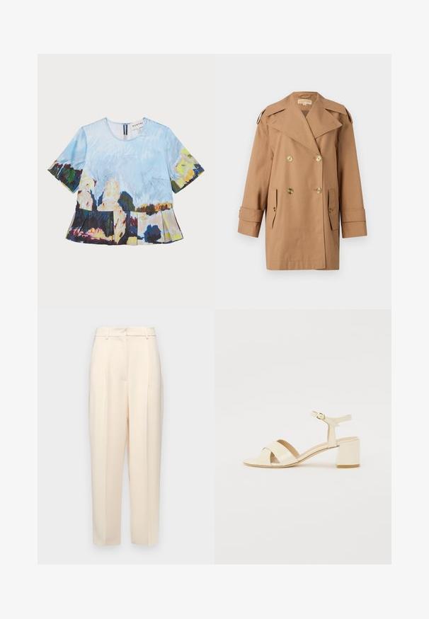 Bruine dubbele trenchcoat gemaakt van katoen. Voorzien van grote gouden knopen, brede revers en twee voorzakken. Middellange mouwen.; Korteklauw top met een artistieke blauwe en multicolore print, voorzien van een geplooide zoom en een rits aan de achterkant.; Beige op maat gemaakte broek met een rechte pasvorm, voorzien van plooien aan de voorkant, een gladde textuur en een middelhoge taille. Geen zichtbare zakken.; Beige gepolijst lederen sandalen met hakken, voorzien van een kruisbandontwerp, open teen, verstelbare enkelband en een blokhak. Gladde textuur.