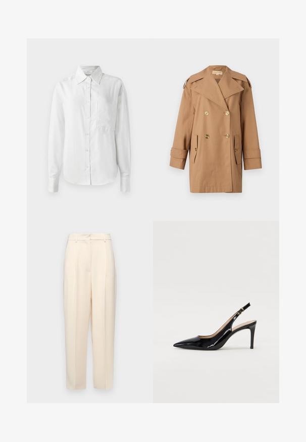 Palton bej din bumbac, cu dublu rând de nasturi. Prezintă nasturi mari aurii, rever lățit și două buzunare frontale. Mâneci de lungime medie.; Cămașă albă cu mâneci lungi, cu nasturi, confecționată dintr-un material neted, are un guler ascuțit, un buzunar frontal și manșete cu nasturi pentru un aspect elegant.; Pantaloni bej, ajustați, cu o croială dreaptă, dotati cu pliuri în față, o textură netedă și o talie medie. Fără buzunare vizibile.; Pantofi slingback din piele patent neagră, cu vârful ascuțit, tocul subțire și un design discret cu decupaj. Se evidențiază printr-un cataramă aurie pe curea.
