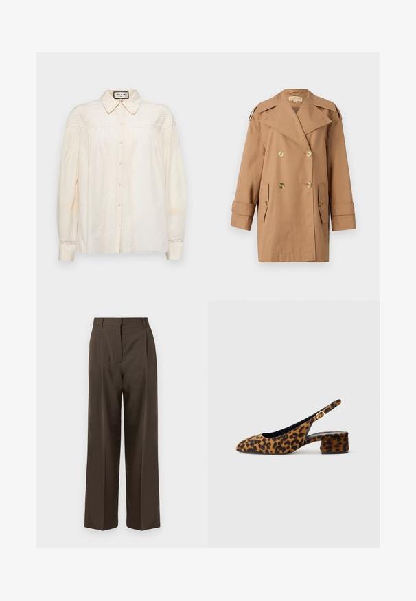 Cappotto trench doppiopetto marrone realizzato in cotone. Caratterizzato da grandi bottoni dorati, ampi risvolti e due tasche frontali. Maniche di lunghezza intermedia.; Camicia bianca con bottoni e colletto, caratterizzata da pieghe verticali e dettagli in pizzo su spalle e polsini. Tessuto morbido con maniche lunghe.; Pantaloni larghi marroni con una superficie liscia, dotati di vita alta, pince frontali e un design sartoriale. Nessuna tasca visibile o decorazioni.; Scarpa slingback da donna in stampa leopardata con tacco basso a blocco e fibbia dorata sul cinturino laterale, mostrata in profilo su sfondo semplice.