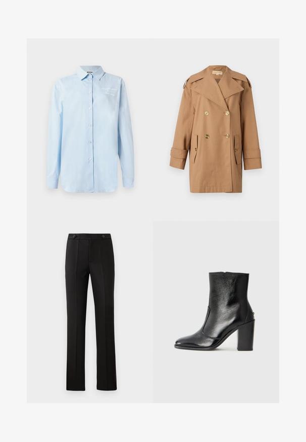 Rudas dvigubas trenčiotas paltas, pagamintas iš medvilnės. Yra dideli auksiniai mygtukai, plačios apykaklės ir dvi priekinės kišenės. Vidutinio ilgio rankovės.; Šviesiai mėlyna medvilninė marškinėlių kostiumėlis. Yra klasikinis apykaklė, ilgomis rankovėmis ir išsiuvinėtu raštu kairiame viršutiniame kampe.; Juodos pritaikytos kelnės su tiesiomis kojomis, dviem priekinėmis kišenėmis, mygtuko uždarymu ir raukšlėmis priekyje. Glotnaus audinio tekstūra.; Juodas odinis kulkšninis batas su lygiu paviršiumi, smailiu pirštu ir masyviu aukštu kulnu. Savybė - šoninis atidarymas ir minimalistiškas dizainas.