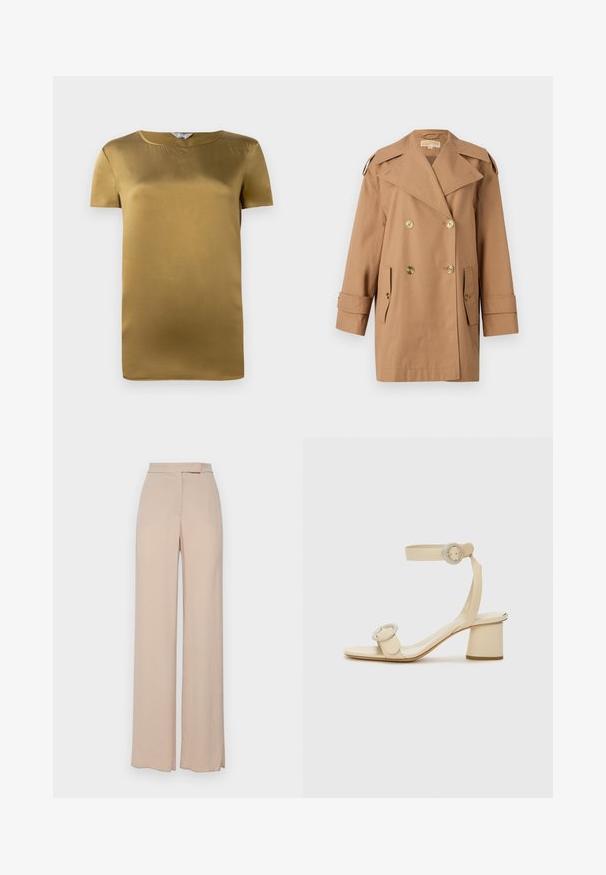 Brązowy dwurzędowy płaszcz trencherowy wykonany z bawełny. Zawiera duże złote guziki, szerokie klapy i dwie przednie kieszenie. Rękawy o średniej długości.; T-op z krótkim rękawem w oliwkowym satynie, z okrągłym dekoltem i gładką teksturą. Prosty fason z prostym cięciem i bez ozdób.; Beżowe spodnie o szerokich nogawkach wykonane z lekkiego materiału. Charakteryzują się gładką teksturą, praktycznymi kieszeniami z przodu oraz subtelnym paskiem w talii.; Beżowe sandały na obcasie z kwadratowym noskiem, regulowanym paskiem wokół kostki i dwoma okrągłymi klamrami. Gładka skórzana tekstura i słupkowy obcas.