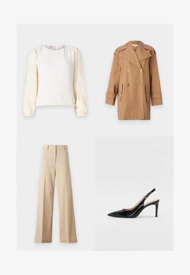 Brown double-breasted trench coat made of cotton. Features large gold buttons, wide lapels, and two front pockets. Mid-length sleeves.; White, textured blouse with long puff sleeves. Features a round neckline and a relaxed fit. Made from lightweight, flowy fabric.; Beige wide-leg trousers made of smooth fabric, featuring a flat front with pleats, a zip fly, and belt loops. Tailored fit overall.; Black patent leather slingback pump with pointed toe, slim heel, and a subtle cutout design. Features a gold buckle on the strap.