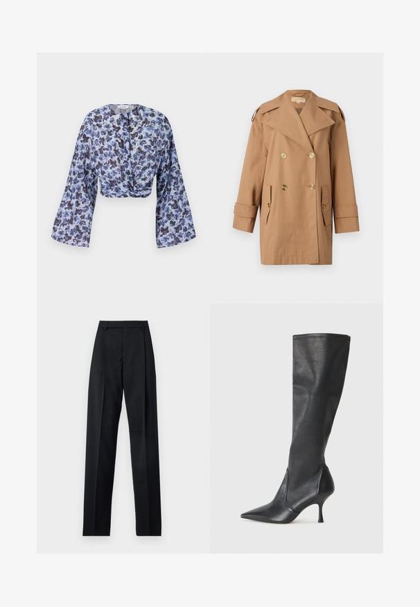 Brun dubbelknäppt trenchcoat i bomull. Har stora guldknappar, breda slag och två framfickor. Halvlånga ärmar.; Kort topp i lätt, genomskinlig tyg med ett blått blommönster. Har långa, utsvängda ärmar och en snurrad framsidan.; Svarta byxor i mjukt tyg med hög midja, vida ben, framfickor och klassiska bältesöglor. Inga sidofickor synliga.; Knähöga svarta läderstövlar med spetsig tå och smal stilettklack. Slät textur med en åtsittande design och sömnad vid övre kanten.