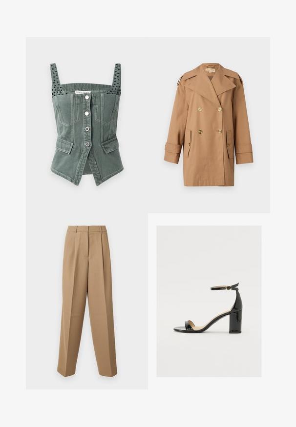 Barna, dupla gombos esőkabát, amely pamutból készült. Nagy arany gombokkal, széles hajtókákkal és két elülső zsebbel rendelkezik. Közepes hosszúságú ujjak.; Zöld denim melltartó, állítható pántokkal, elöl gombos záródással, két oldalsó zsebbel és texturált fekete díszítéssel a pántokon.; Beige színű, magas derekú, plissézett elejű és széles szárú, testre szabott nadrág. Az anyag sima tapintású, enyhe fénylő hatással.; Fekete lakkbőr szandál széles sarokkal, nyitott orral és bokapánttal, amelyen arany csat található. Sima felület és elegáns dizájn.