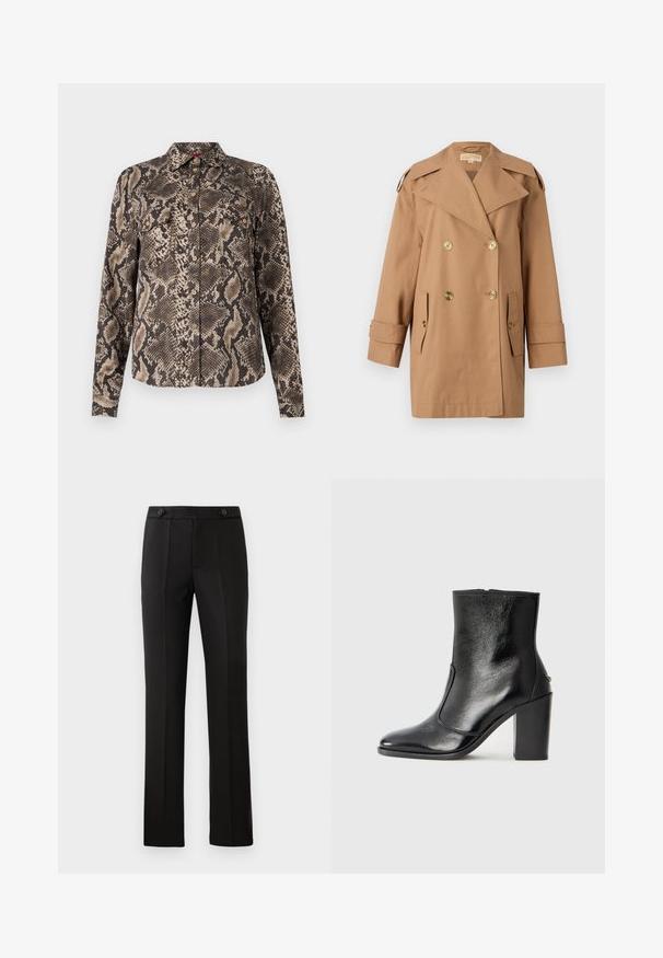Cappotto trench doppiopetto marrone realizzato in cotone. Caratterizzato da grandi bottoni dorati, ampi risvolti e due tasche frontali. Maniche di lunghezza intermedia.; Camicia a maniche lunghe marrone e beige con un motivo a stampa di serpente, dotata di chiusura con bottoni e due tasche sul petto. Tessuto morbido.; Pantaloni neri su misura con gamba dritta, due tasche frontali, chiusura con bottone e dettagli con pieghe sul davanti. Tessuto morbido.; Stivale alla caviglia in pelle nera, con una superficie liscia, punta affilata e tacco alto e massiccio. Presenta una apertura laterale e un design minimalista.