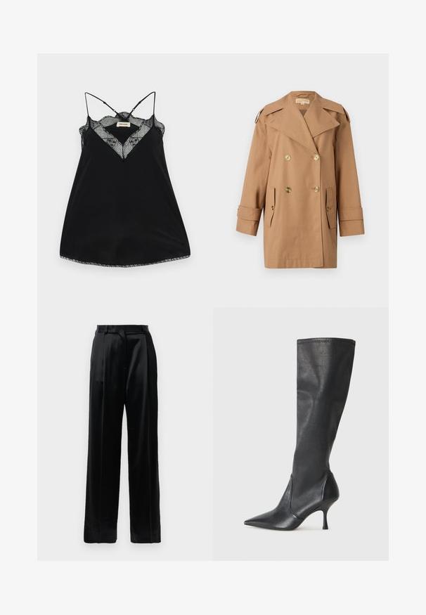 Brauner doppelter Trenchcoat aus Baumwolle. Mit großen goldenen Knöpfen, breiten Revers und zwei Fronttaschen. Mittellange Ärmel.; Schwarzes Trägertop mit verstellbaren Trägern, ausgestattet mit einem Spitzen-Ausschnitt und gewellten Kanten. Glattes Material mit leichtem Glanz.; Schwarze, hochtaillierte Satinhosen mit geraden, weiten Beinen, Gürtelschlaufen und einem flachen Frontverschluss vor einem schlichten weißen Hintergrund.; Knöchelhoche schwarze Lederstiefel mit einer spitzen Zehe und einem schlanken Stiletto-Blockabsatz. Glatte Textur mit einer enganliegenden Passform und Nähten am oberen Rand.