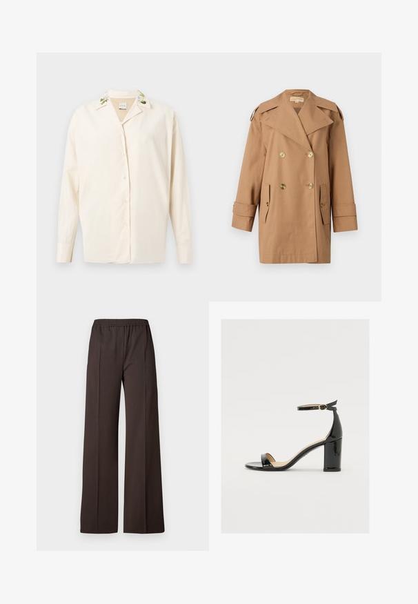 Brown double-breasted trench coat made of cotton. Features large gold buttons, wide lapels, and two front pockets. Mid-length sleeves.; Cream button-up shirt with embroidered floral details on the collar, made from a smooth fabric, featuring long sleeves and a relaxed fit.; Wide-leg trousers in dark brown fabric with an elastic waistband, featuring a smooth texture and clean lines for a tailored look.; Black patent leather sandal with a wide heel, open toe, and ankle strap featuring a gold buckle. Smooth texture and sleek design.