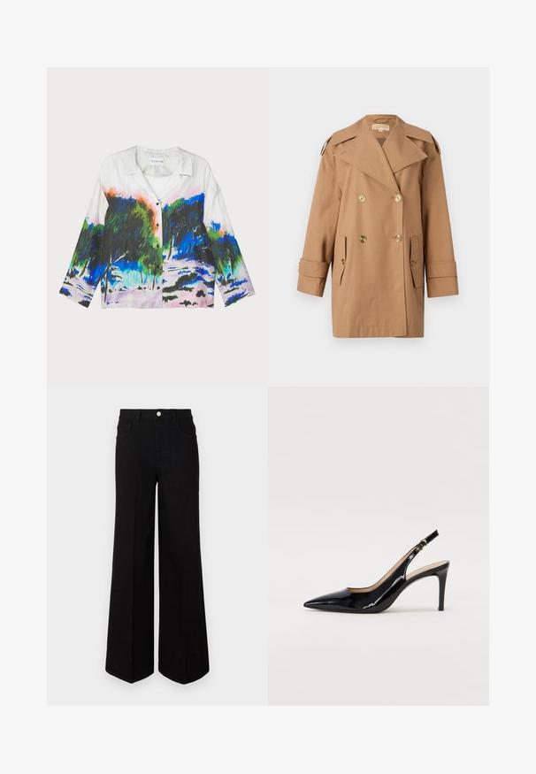 Ruskea kaksirivinen trench-takki, joka on valmistettu puuvillasta. Varustettu suurilla kultaisilla nappeilla, leveillä kauluksilla ja kahdella etutaskulla. Puolipitkät hihat.; Lyhythihainen paita, jossa on valkoinen kangas ja elävä abstrakti maisematulostus vihreissä, sinisissä ja vaaleanpunaisissa sävyissä; nappikiinnitys edessä.; Mustat leveälahkeiset farkut, jotka on valmistettu kestävästä kankaasta, korkealla vyötäröllä, etutaskuilla ja edessä nappikiinnitys. Litistetty helma alaosassa.; Musta lakattu nahkainen slingback-korkokenkä, jossa on terävä kärki, kapea korko ja hillitty leikkaussuunnittelu. Varressa on kultainen solki.