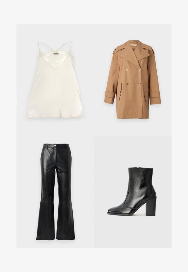 Cappotto trench doppiopetto marrone realizzato in cotone. Caratterizzato da grandi bottoni dorati, ampi risvolti e due tasche frontali. Maniche di lunghezza intermedia.; Camisola di crema chiara con spalline regolabili, design a V e dettagli in pizzo sul collo e sull'orlo per un tocco in più.; Pantaloni in ecopelle neri con vita alta, chiusura con bottone, passanti per cintura e gambe svasate su uno sfondo bianco.; Stivale alla caviglia in pelle nera, con una superficie liscia, punta affilata e tacco alto e massiccio. Presenta una apertura laterale e un design minimalista.