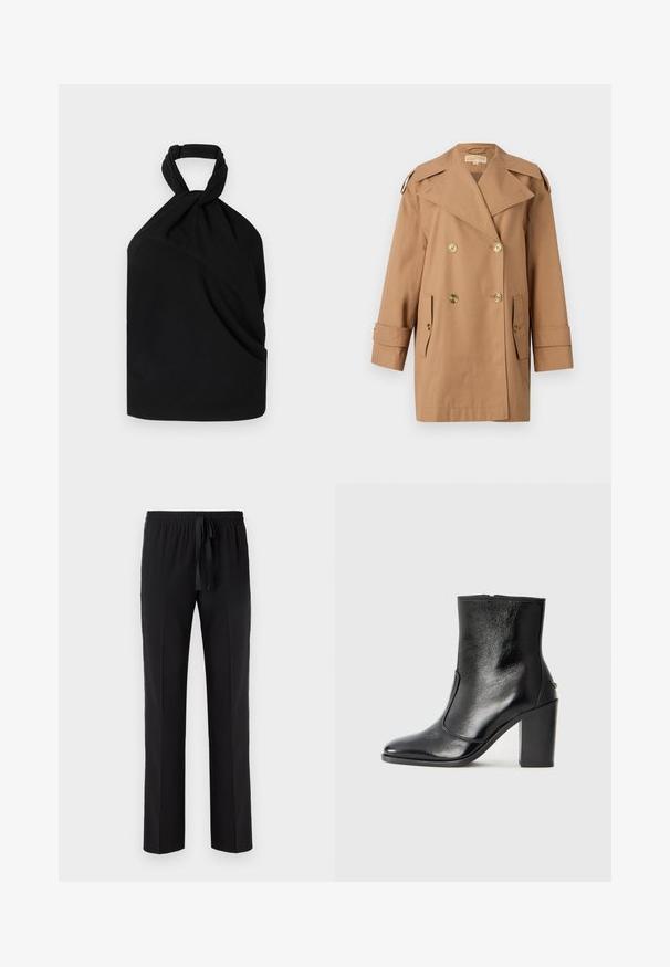 Bruine dubbele trenchcoat gemaakt van katoen. Voorzien van grote gouden knopen, brede revers en twee voorzakken. Middellange mouwen.; Iro BIRDA - Blouse - black; Zwarte broek met een elastische tailleband en verstelbaar trekkoord, met een rechte pasvorm en een gladde textuur. Geen patronen of accenten.; Zwarte leren enkelboot met een gladde textuur, spitse neus en een gedurfde hoge hak. Beschikt over een zijopening en een minimalistisch ontwerp.