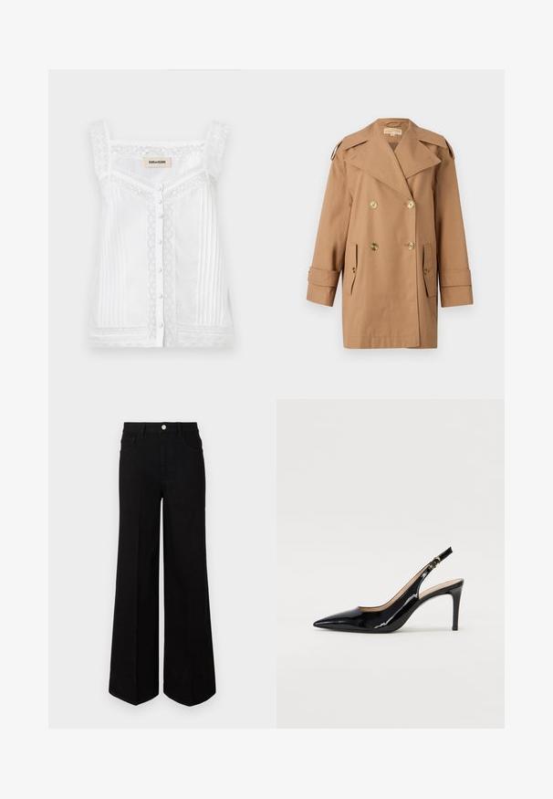 Brun dubbelknäppt trenchcoat i bomull. Har stora guldknappar, breda slag och två framfickor. Halvlånga ärmar.; Vit ärmlös topp med spetsdetaljer, vertikala veck och en knappstängning framtill. Har en scallopad spetskrage och band.; Svarta vida jeans i kraftig tyg, med hög midja, framfickor och knäppning fram. Slät fåll längst ner.; Svart patenterat läder slingback pumps med spetsig tå, smal klack och en subtil utskärning. Har en guldbuckle på remmen.