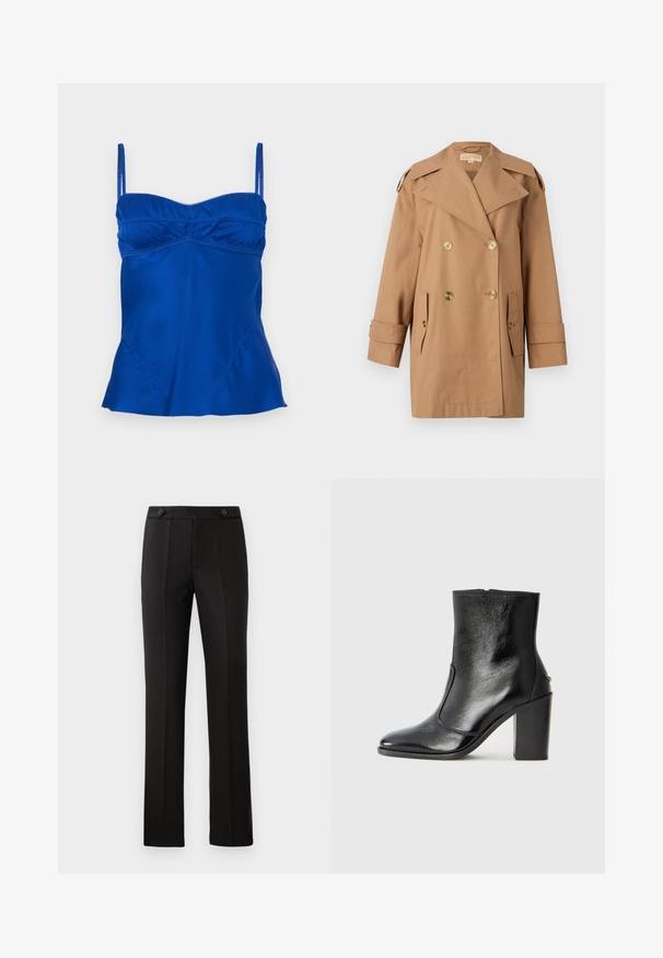 Cappotto trench doppiopetto marrone realizzato in cotone. Caratterizzato da grandi bottoni dorati, ampi risvolti e due tasche frontali. Maniche di lunghezza intermedia.; Camisole blu in satin con spalline regolabili, scollatura arricciata e orlo svasato. Texture liscia con dettagli di cucitura sottili.; Pantaloni neri su misura con gamba dritta, due tasche frontali, chiusura con bottone e dettagli con pieghe sul davanti. Tessuto morbido.; Stivale alla caviglia in pelle nera, con una superficie liscia, punta affilata e tacco alto e massiccio. Presenta una apertura laterale e un design minimalista.