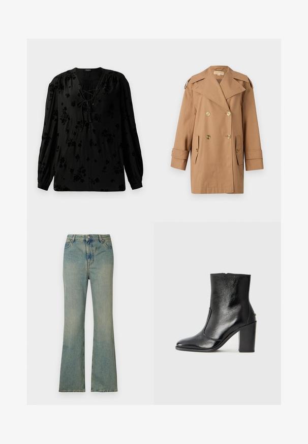 Brun dubbelknäppt trenchcoat i bomull. Har stora guldknappar, breda slag och två framfickor. Halvlånga ärmar.; Svart blus i mjukt tyg, med snörning vid halsen och blommönster. Långa, puffiga ärmar och en avslappnad passform fulländar designen.; Ljusblå denim flare jeans med hög midja, fem fickor och dragkedja. Ren, bleknad finish med subtila sömdetaljer.; Svart läderankelboot med en slät yta, spetsig tå och en kraftig hög klack. Har en sidöppning och ett minimalistiskt design.