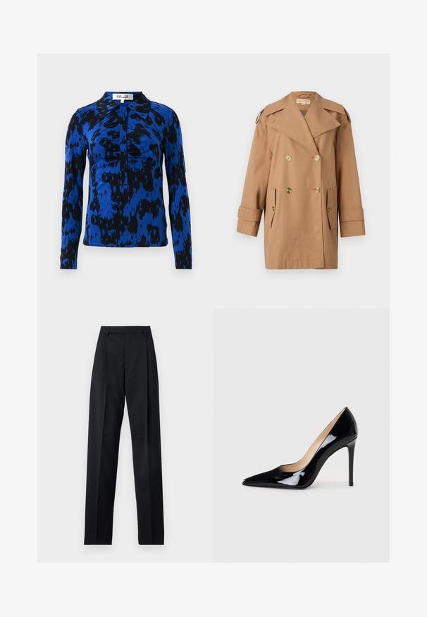 Brūns dubultās krūtis pūķis, kas izgatavots no kokvilnas. Iespējas ietver lielus zeltainus pogas, plašus atlokos un divas priekšējās kabatas. Pusgaras piedurknes.; Garā piedurkņu krekls zilā un melnā abstraktā rakstā. Piedāvā apkakles izgriezumu un pogu aizdari ar savilkumu centrā.; Melnas bikses, izgatavotas no gludas auduma, ar augstu vidukli, platiem bikšu galdniekiem, priekšējiem krokām un klasiskām jostu cilpām. Sānu kabatas nav redzamas.; Melnā lakota ādas augstpapēžu kurpe ar norādītas formas purngalu un elegantu siluetu. Iespēj gludu, spīguļojošu apdari un šauru stiletto papēdi.