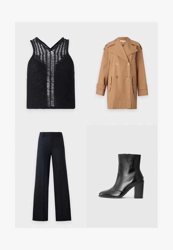 Brown double-breasted trench coat made of cotton. Features large gold buttons, wide lapels, and two front pockets. Mid-length sleeves.; Black knitted tank top with a V-neck, featuring striped transparent panels on the front. Ribbed texture with snug fit.; Wide-leg trousers in black. Tailored fit with a smooth texture. Features a row of metallic studs along the side seams for detail.; Black leather ankle boot with a smooth texture, pointed toe, and a chunky high heel. Features a side opening and minimalistic design.