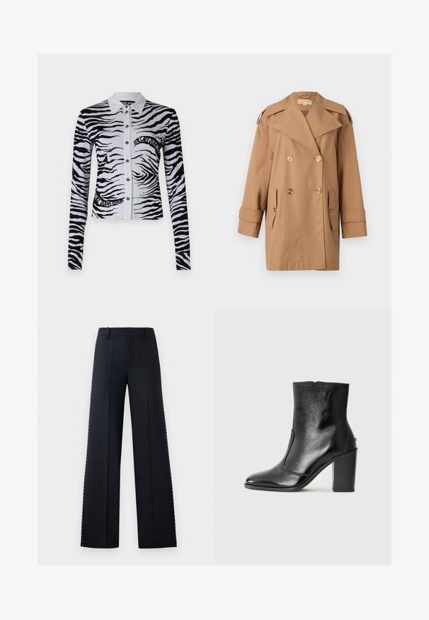 Brown double-breasted trench coat made of cotton. Features large gold buttons, wide lapels, and two front pockets. Mid-length sleeves.; Black and white zebra print shirt with a collared neckline, button closure, and long sleeves. Features logo text on the front.; Wide-leg trousers in black. Tailored fit with a smooth texture. Features a row of metallic studs along the side seams for detail.; Black leather ankle boot with a smooth texture, pointed toe, and a chunky high heel. Features a side opening and minimalistic design.