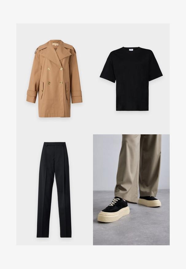 Barna, dupla gombos esőkabát, amely pamutból készült. Nagy arany gombokkal, széles hajtókákkal és két elülső zsebbel rendelkezik. Közepes hosszúságú ujjak.; Fekete, rövid ujjú, laza szabású póló, puha anyagból készült, kerek nyakkivágással és nincs kiemelkedő minta vagy díszítés.; Fekete nadrág sima anyagból, magas derékkal, széles lábakkal, elülső redőkkel és klasszikus övhurkokkal. Oldalzsebek nem láthatók.; MM6 Maison Margiela Sportcipő - black