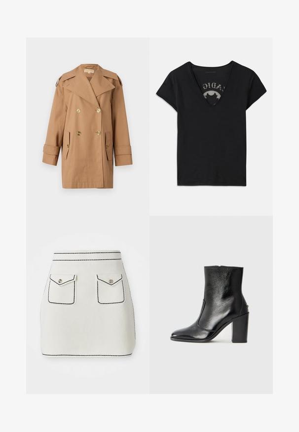 Cappotto trench doppiopetto marrone realizzato in cotone. Caratterizzato da grandi bottoni dorati, ampi risvolti e due tasche frontali. Maniche di lunghezza intermedia.; T-shirt nero a maniche corte con scollatura a V profonda, caratterizzato da un pannello in rete e un design stampato sullo strato interno. Tessuto morbido e traspirante.; Mini gonna di tessuto bianco con cuciture nere, caratterizzata da due tasche frontali con pattine e dettagli in bottone argentato. Texture liscia con una forma strutturata.; Stivale alla caviglia in pelle nera, con una superficie liscia, punta affilata e tacco alto e massiccio. Presenta una apertura laterale e un design minimalista.