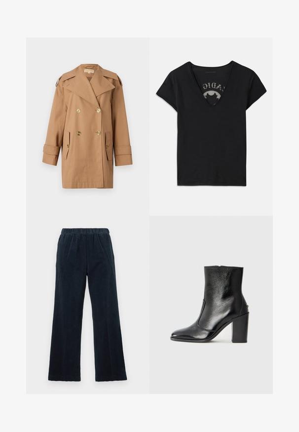 Brauner doppelter Trenchcoat aus Baumwolle. Mit großen goldenen Knöpfen, breiten Revers und zwei Fronttaschen. Mittellange Ärmel.; Schwarzes T-Shirt mit kurzen Ärmeln und tiefem V-Ausschnitt, ausgestattet mit einem Netzpanel und einem Druckdesign auf der inneren Schicht. Weicher, atmungsaktiver Stoff.; Marineblaue Cordhosen mit weitem Bein, elastischem Bund und vertikal gerippter Textur. Verfügt über Seitentaschen und einen geraden Saum.; Schwarze Leder-Stiefelette mit glatter Textur, spitzem Fuß und klobigem hohen Absatz. Verfügt über eine seitliche Öffnung und ein minimalistisches Design.