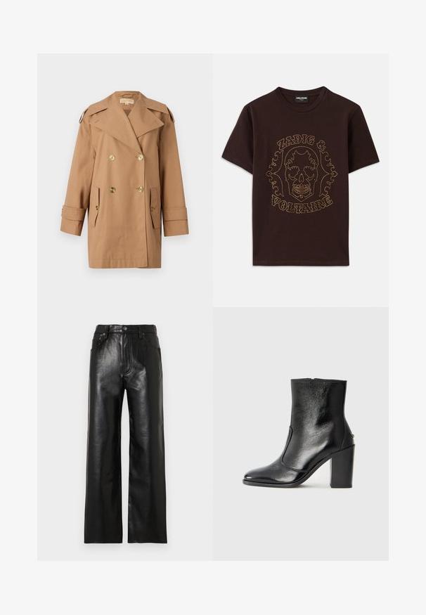 Brown double-breasted trench coat made of cotton. Features large gold buttons, wide lapels, and two front pockets. Mid-length sleeves.; Black t-shirt made of cotton, featuring a skull graphic outlined in gold studs with "Zadig & Voltaire" text, short sleeves and crew neck.; Black leather wide-leg pants with a glossy finish, featuring front pockets, a zip fly, and a button closure. Smooth texture throughout.; Black leather ankle boot with a smooth texture, pointed toe, and a chunky high heel. Features a side opening and minimalistic design.