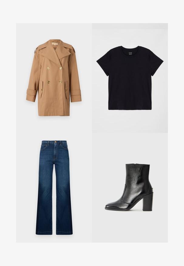 Brauner doppelter Trenchcoat aus Baumwolle. Mit großen goldenen Knöpfen, breiten Revers und zwei Fronttaschen. Mittellange Ärmel.; Schwarzes Kurzarm-T-Shirt aus weicher Baumwolle. Klassisches Rundhalsausschnitt-Design mit einer einfachen, ungeschmückten Oberfläche und einem lockeren Schnitt.; Weite, dunkelblaue Jeans aus Denim mit hohem Taillenschnitt, Fronttaschen und kontrastierenden orangefarbenen Nähten.; Schwarze Leder-Stiefelette mit glatter Textur, spitzem Fuß und klobigem hohen Absatz. Verfügt über eine seitliche Öffnung und ein minimalistisches Design.