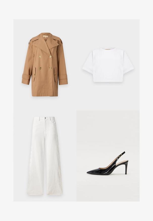Hnedý dvojradový trenčkot vyrobený z bavlny. Obsahuje veľké zlaté gombíky, široké klopy a dve predné vrecká. Rukávy sú strednej dĺžky.; Strihnuté biele tričko vyrobené z mäkkej látky, s krátkymi rukávmi, okrúhlym výstrihom a rebrovanými detailmi na lemovaní. Jednoduchý a nezdobený dizajn.; Biele široké džínsy vyrobené z denimu, s bočnými výšivkami a tradičným dizajnom s piatimi vreckami. Zips so zapínaním na gombík.; Čierne lakované kožené slingback lodičky s špicatou špičkou, štíhlým podpätkom a jemným výrezom. Obsahuje zlatú pracku na remienku.