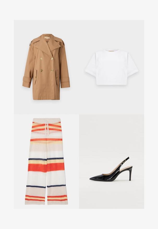 Brauner doppelter Trenchcoat aus Baumwolle. Mit großen goldenen Knöpfen, breiten Revers und zwei Fronttaschen. Mittellange Ärmel.; Beschnittenes weißes T-Shirt aus weichem Stoff, mit kurzen Ärmeln, rundem Halsausschnitt und gerippten Saumdetails. Einfaches und schnörkelloses Design.; Breite Mesh-Hosen mit horizontalen Streifen in Rot, Orange, Gelb, Weiß und Marineblau. Elastischer Bund mit einer Kordelzug-Details.; Schwarz lackierte Slingback-Pumps mit spitzem Zehenbereich, schlankem Absatz und einem subtilen Ausschnittdesign. Verfügt über eine goldene Schnalle am Riemen.