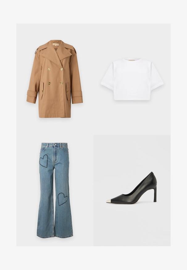 Brauner doppelter Trenchcoat aus Baumwolle. Mit großen goldenen Knöpfen, breiten Revers und zwei Fronttaschen. Mittellange Ärmel.; Beschnittenes weißes T-Shirt aus weichem Stoff, mit kurzen Ärmeln, rundem Halsausschnitt und gerippten Saumdetails. Einfaches und schnörkelloses Design.; Hellblaue Jeans mit schmalem Schlag, die vorne zwei dunkelblaue Herzpatches aufweisen. Klassisches Fünf-Taschen-Design mit Knopfverschluss.; Schwarzer Lederschuh mit hohem Absatz, spitz zulaufender Zehenpartie und metallischer silberner Spitze. Verfügt über eine glatte Oberfläche und einen schlanken 10 cm hohen Absatz.