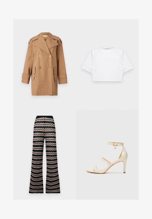 Brun dubbelknäppt trenchcoat i bomull. Har stora guldknappar, breda slag och två framfickor. Halvlånga ärmar.; Klippt vit t-shirt tillverkad av mjukt tyg, med korta ärmar, rund halsringning och ribbade kantdetaljer. Enkel och utan prål design.; Virkat vidbyx med ett zigzagmönster i svart, vitt och brunt. Har en texturerad finish och ett elastiskt midjeband.; Beige högklackade sandaler med smal fotledsrem och två övre remmar. Blanka lackfinish och guldfärgade detaljer på fotledsremmen.
