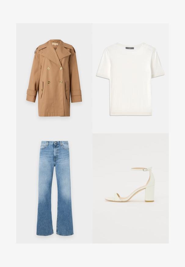 Brūns dubultās krūtis pūķis, kas izgatavots no kokvilnas. Iespējas ietver lielus zeltainus pogas, plašus atlokos un divas priekšējās kabatas. Pusgaras piedurknes.; Balta īsām piedurknēm adīta blūze ar apaļu kakla izgriezumu, kurai ir gluda tekstūra un smalki riboti akcenti pie piedurknēm un apakšmalas.; Gaiši zili, platleņķa džinsi, izgatavoti no denima. Īpašības ietver augstu jostasvietu, piecu kabatu dizainu un oranžas apdares akcentus. Gluda tekstūra.; Balts ādas blokpārklājs ar siksniņu ap potīti, kurai ir sprādze un minimālistisks dizains. Atvērta purna un gludas virsmas visā apavā.