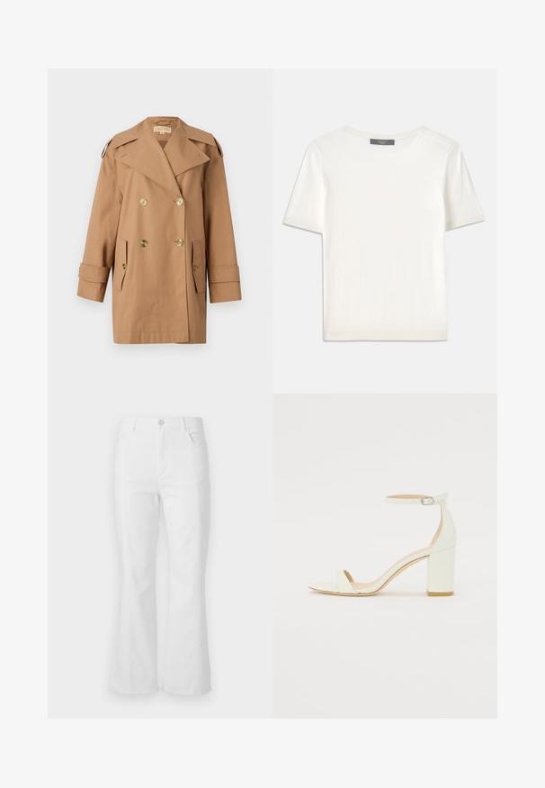 Hnedý dvojradový trenčkot vyrobený z bavlny. Obsahuje veľké zlaté gombíky, široké klopy a dve predné vrecká. Rukávy sú strednej dĺžky.; Biele krátke rukávy pletené tričko s okrúhlym výstrihom, ktoré má jemnú textúru a nenápadné rebrované detaily na rukávoch a leme.; Biele rozšírené džínsy s vysokým pásom, prednými vreckami a surovým lemom. Vyrobené z džínoviny s hladkou textúrou a minimálnym šitím.; Biele kožené sandále na blokovom podpätku s remienkom okolo členku a minimalistickým dizajnom. Otvorená špička a hladké textúry po celom povrchu.