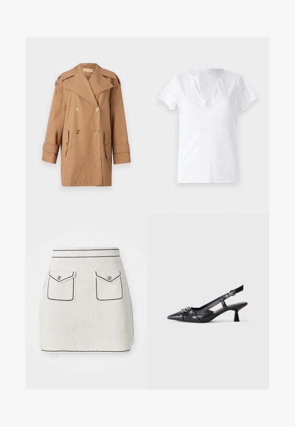 Brauner doppelter Trenchcoat aus Baumwolle. Mit großen goldenen Knöpfen, breiten Revers und zwei Fronttaschen. Mittellange Ärmel.; Weißes Baumwoll-T-Shirt mit kurzen Ärmeln, lockerer Passform und V-Ausschnitt mit einer Leiste aus fünf dekorativen Knöpfen.; Weißer Minirock aus Stoff mit schwarzem Nähten, ausgestattet mit zwei vorderen Taschen mit Klappen und silbernen Knopf-Details. Glatte Textur mit strukturierter Form.; Schwarzer Leder-Slingback-Schuh mit spitz zulaufender Zehenpartie, dekorativen Riemen mit METALLÖSEN und niedrigem Blockabsatz. Strukturelle Oberfläche.