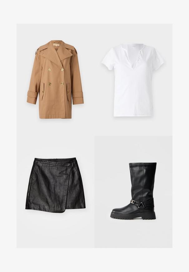 Brauner doppelter Trenchcoat aus Baumwolle. Mit großen goldenen Knöpfen, breiten Revers und zwei Fronttaschen. Mittellange Ärmel.; Weißes Baumwoll-T-Shirt mit kurzen Ärmeln, lockerer Passform und V-Ausschnitt mit einer Leiste aus fünf dekorativen Knöpfen.; Schwarzer Leder-Minirock mit asymmetrischem Wickeldesign, das eine glatte Textur und einen Reißverschluss auf der Rückseite bietet.; Schwarze knielange Stiefel aus glattem Leder, mit einer Schnallenakzentuierung an der Seite und einer dicken, strukturierten Sohle für besseren Halt.