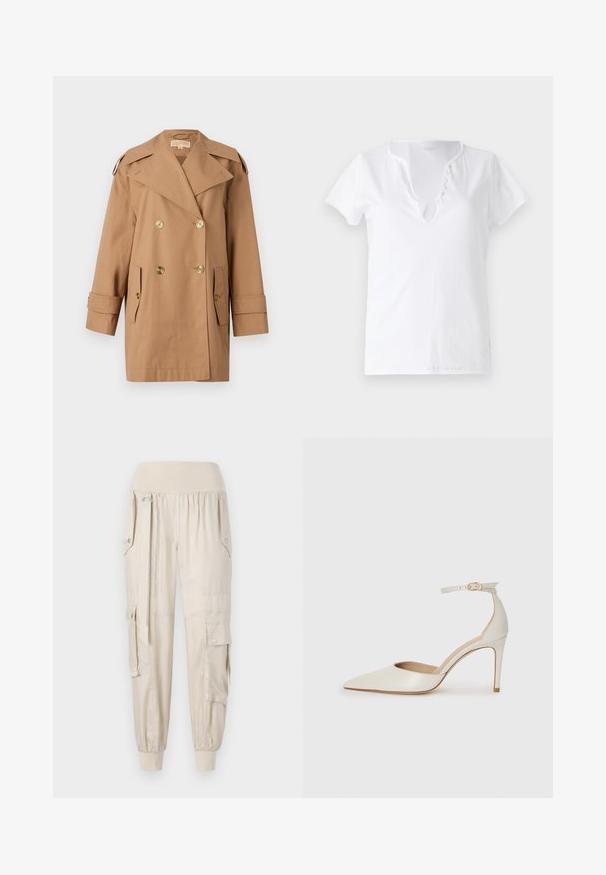 Brauner doppelter Trenchcoat aus Baumwolle. Mit großen goldenen Knöpfen, breiten Revers und zwei Fronttaschen. Mittellange Ärmel.; Weißes Baumwoll-T-Shirt mit kurzen Ärmeln, lockerer Passform und V-Ausschnitt mit einer Leiste aus fünf dekorativen Knöpfen.; Beige Cargo-Hosen mit elastischem Bund, schmal zulaufenden Bündchen, Seitentaschen und Knopfdetails. Aus leichtem Stoff mit glatter Textur gefertigt.; Weiße Leder-Pumps mit spitz zulaufender Zehe, Knöchelriemen und schlanker Stiletto-Absatz. Glatte Oberfläche mit dezent glänzendem Finish.