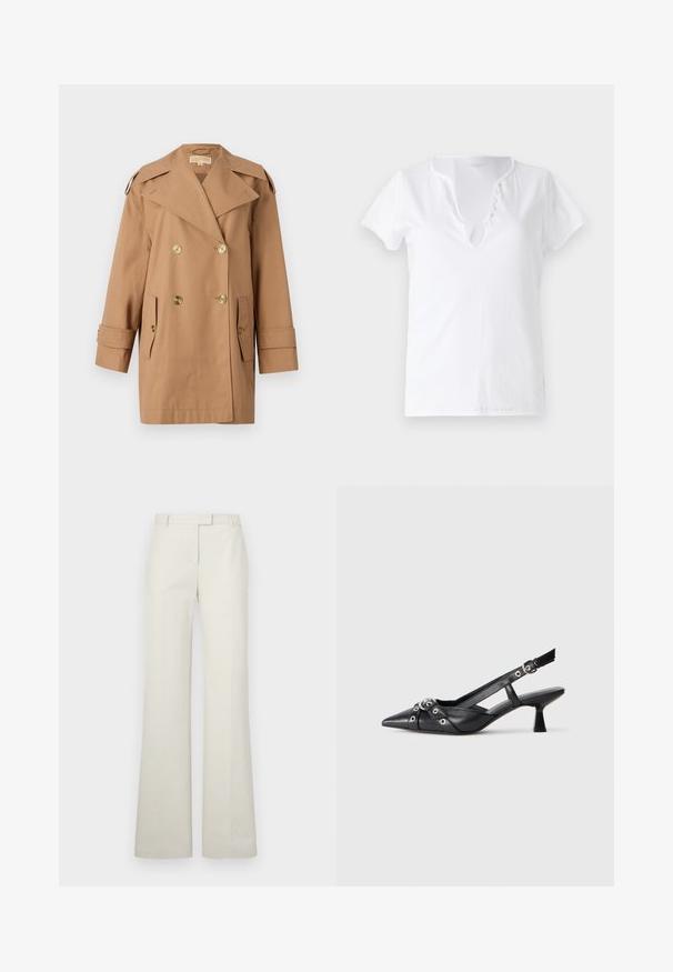 Trench coat marrón de doble botonadura hecho de algodón. Presenta grandes botones dorados, amplias solapas y dos bolsillos frontales. Mangas de longitud media.; Camiseta de algodón blanca de manga corta, con un corte relajado y un escote en V que presenta una tapeta con cinco botones decorativos.; Pantalones de pierna ancha color crema con una textura suave, presillas para cinturón, frente plano y sin bolsillos. Corte entallado con un diseño limpio y minimalista.; Zapato de slingback negro de piel con punta afilada, correas decorativas con ojales de metal y un tacón bajo y ancho. Superficie texturizada.