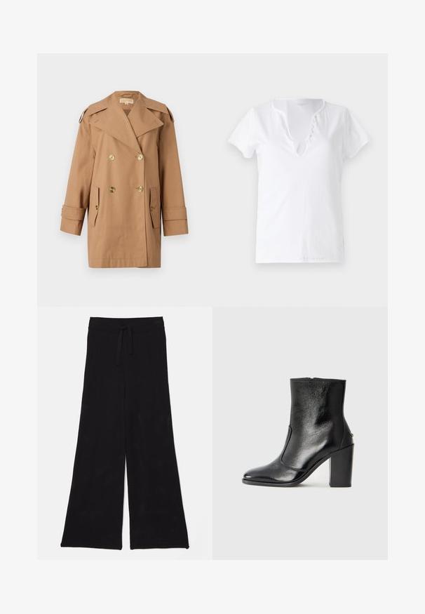 Brown double-breasted trench coat made of cotton. Features large gold buttons, wide lapels, and two front pockets. Mid-length sleeves.; White cotton t-shirt with short sleeves, a relaxed fit, and a V-neckline featuring a placket with five decorative buttons.; Black, wide-leg trousers made from mesh fabric with a drawstring waist. The texture is breathable and lightweight, suitable for casual wear.; Black leather ankle boot with a smooth texture, pointed toe, and a chunky high heel. Features a side opening and minimalistic design.