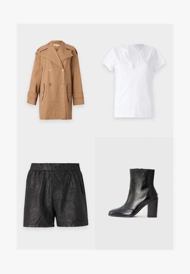 Manteau trench beige à double boutonnage en coton. Équipé de grands boutons dorés, de larges revers et de deux poches avant. Manches mi-longues.; T-shirt en coton blanc à manches courtes, coupe décontractée et décolleté en V, avec un plastron orné de cinq boutons décoratifs.; Shorts noirs en matériau froissé, dotés d'une taille élastique avec deux boutons, d'une coupe au genou et d'une texture lisse.; Bottine en cuir noir, avec une texture lisse, un bout pointu et un talon chunky haut. Présente une ouverture sur le côté et un design minimaliste.