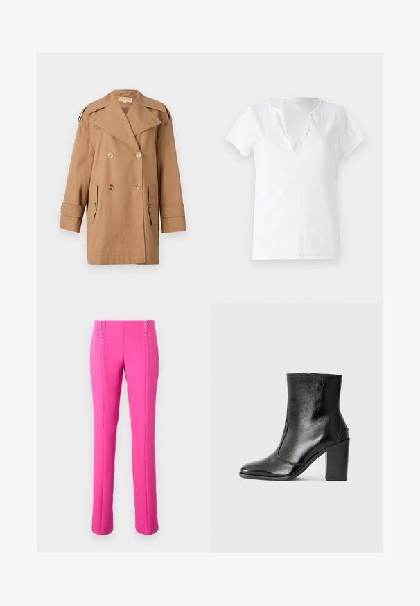 Brauner doppelter Trenchcoat aus Baumwolle. Mit großen goldenen Knöpfen, breiten Revers und zwei Fronttaschen. Mittellange Ärmel.; Weißes Baumwoll-T-Shirt mit kurzen Ärmeln, lockerer Passform und V-Ausschnitt mit einer Leiste aus fünf dekorativen Knöpfen.; Rosa eng geschnittene Hose mit glatter Textur, die sichtbare Nähte und einen geraden Beinschnitt aufweist.; Schwarze Leder-Stiefelette mit glatter Textur, spitzem Fuß und klobigem hohen Absatz. Verfügt über eine seitliche Öffnung und ein minimalistisches Design.