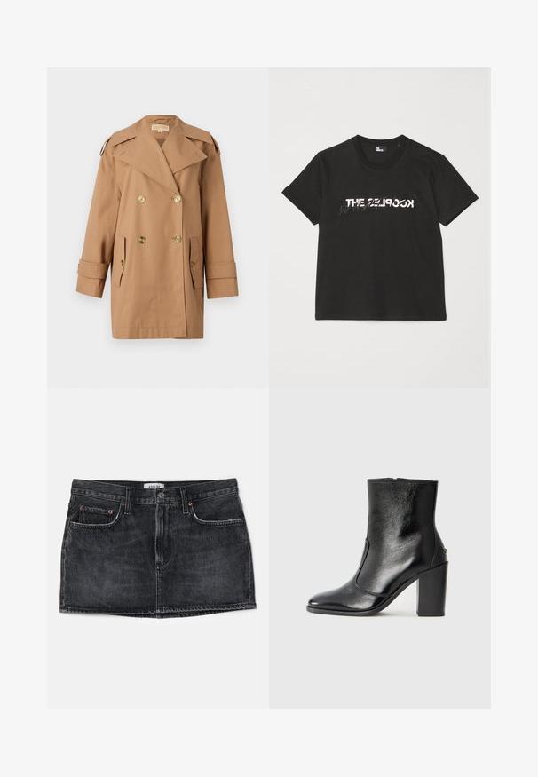 Hnědý dvouřadý trenčkot vyrobený z bavlny. Obsahuje velké zlaté knoflíky, široké klopy a dvě přední kapsy. Rukávy jsou střední délky.; Černé bavlněné tričko s krátkým rukávem, na přední straně se tiskne bílý a šedý design "THE 2LOOK". Klasický kulatý výstřih.; Černá denimová sukně s přiléhavým střihem, dvěma předními kapsami a pasem. Obsahuje jemné prošívání a malou cedulku na zadní straně.; Černé kožené kotníkové boty s hladkou texturou, špičatou špičkou a robustním vysokým podpatkem. Mají boční otvor a minimalistický design.