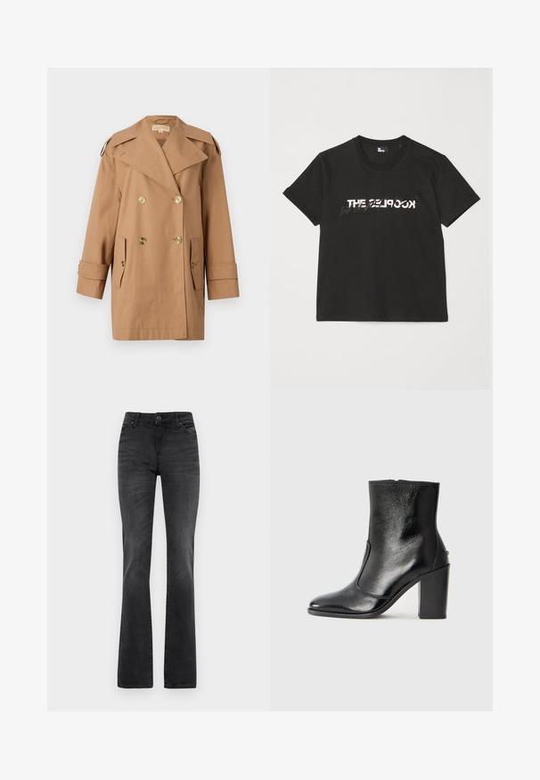 Barna, dupla gombos esőkabát, amely pamutból készült. Nagy arany gombokkal, széles hajtókákkal és két elülső zsebbel rendelkezik. Közepes hosszúságú ujjak.; Fekete pamut póló rövid ujjakkal, elöl fehér és szürke "THE 2LOOK" felirattal. Klasszikus kerek nyakkivágás.; Fekete, flared farmernadrág, közepes derékkal, elülső zsebekkel és enyhe kopással. Tiszta dizájn, látható díszítések nélkül.; Fekete bőr bokacipő sima textúrával, hegyes orral és vastag, magas sarkával. Oldalnyílással és minimalista dizájnnal rendelkezik.